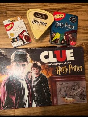 Harry Potter Game lot: 2 UNO card Games, Clue Board Game & Trivial Pursuit game